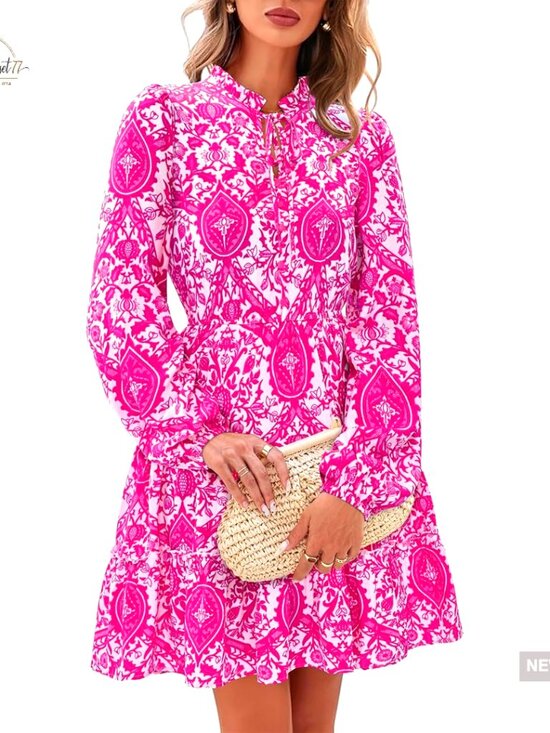 Dresses & Skirts - Long Sleeve V-Neck A-Line Mini Dress Floral Boho Tiered Ruffle Swing